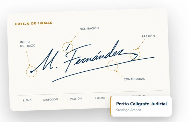 Tarjeta de cotejo con una firma real anotada por criterios técnicos de análisis